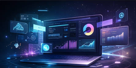 Homepage hero visual showing premium software and dashboard interfaces